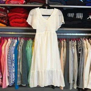 Unbranded white smocked Swiss dots shirt semi sheer sleeves lined dress size L